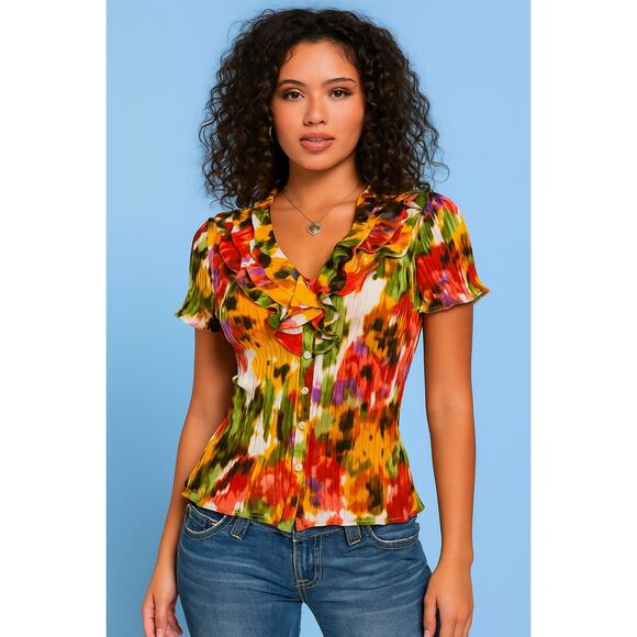 2000s Y2K East 5th Rainbow Fall Watercolor Accordion Fairy Ruffle Boho Shirt XL - Picture 1 of 7